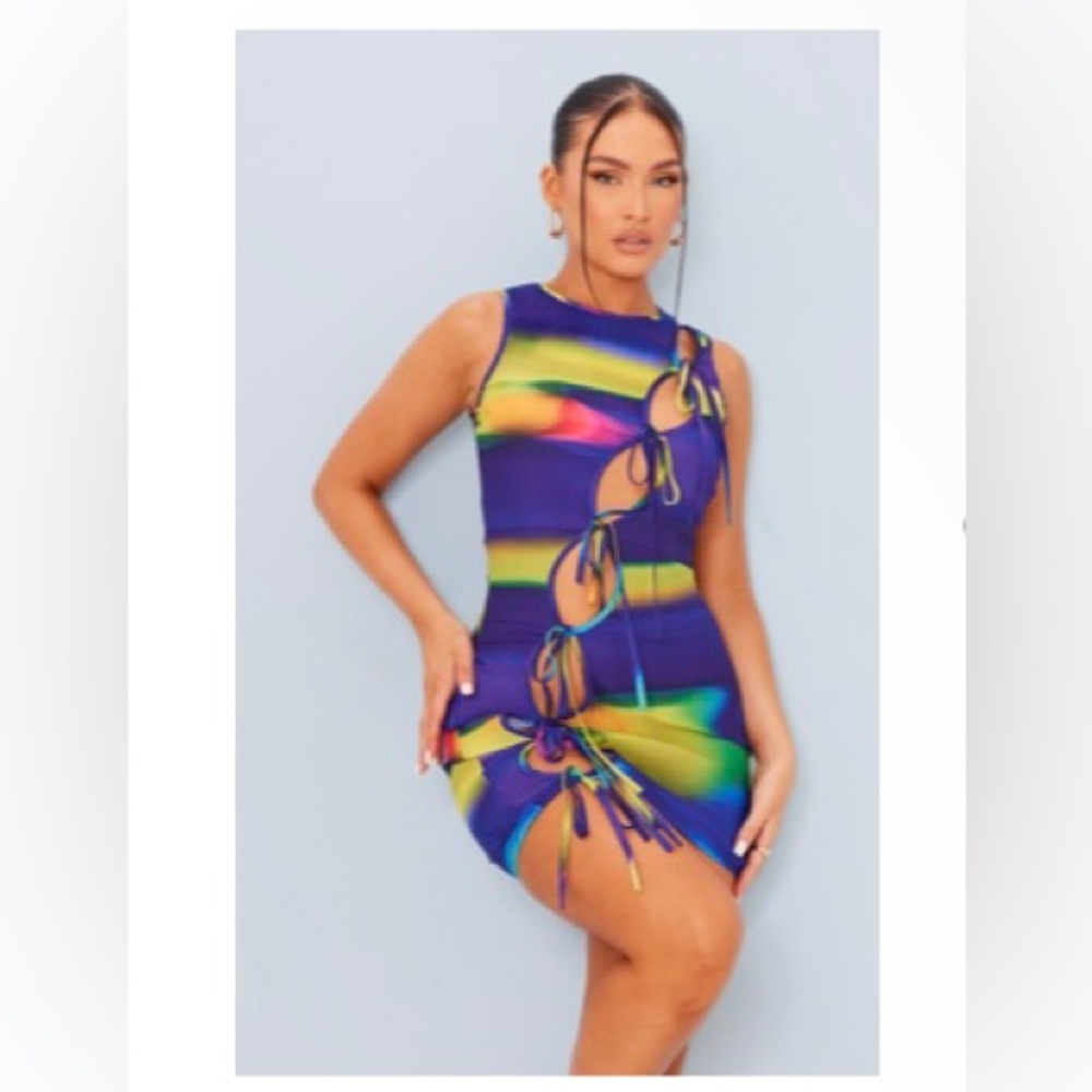 Blurred Print Plisse Tie Detail Bodycon Dress